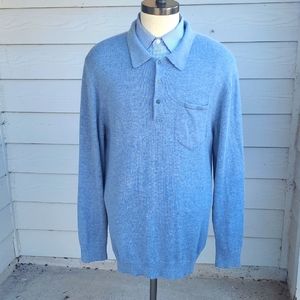 CRIQUET Grey Blue Weave Baby Alpaca Blend XL Mens Polo Long Sleeve Shirt Sweater